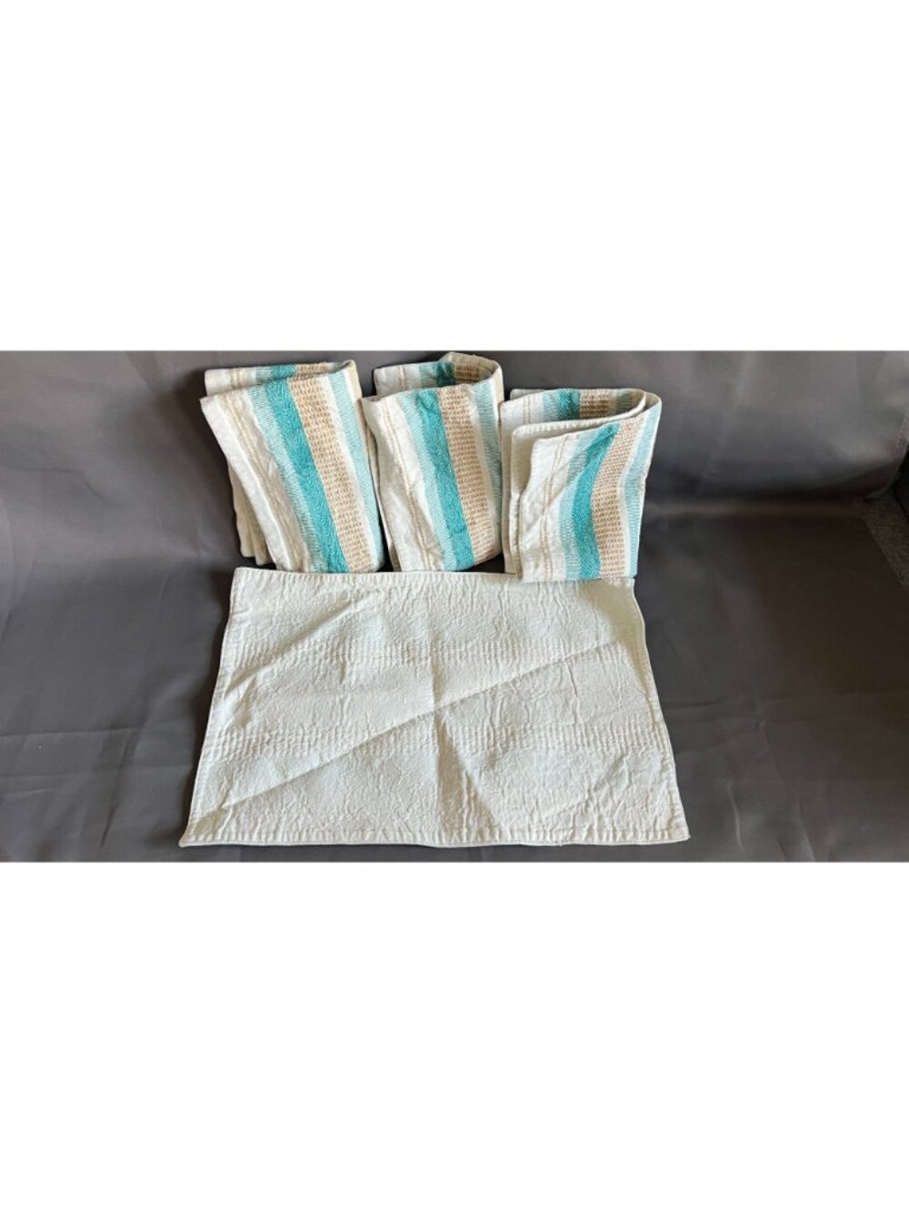 Set Of 4 Cotton Blend Striped Placemats - Aqua Beige & White Woven Texture 12"x1 - Picture 3 of 3